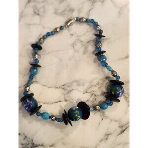 Blue & Black Beaded Necklace With Hand-Painted Floral Beads